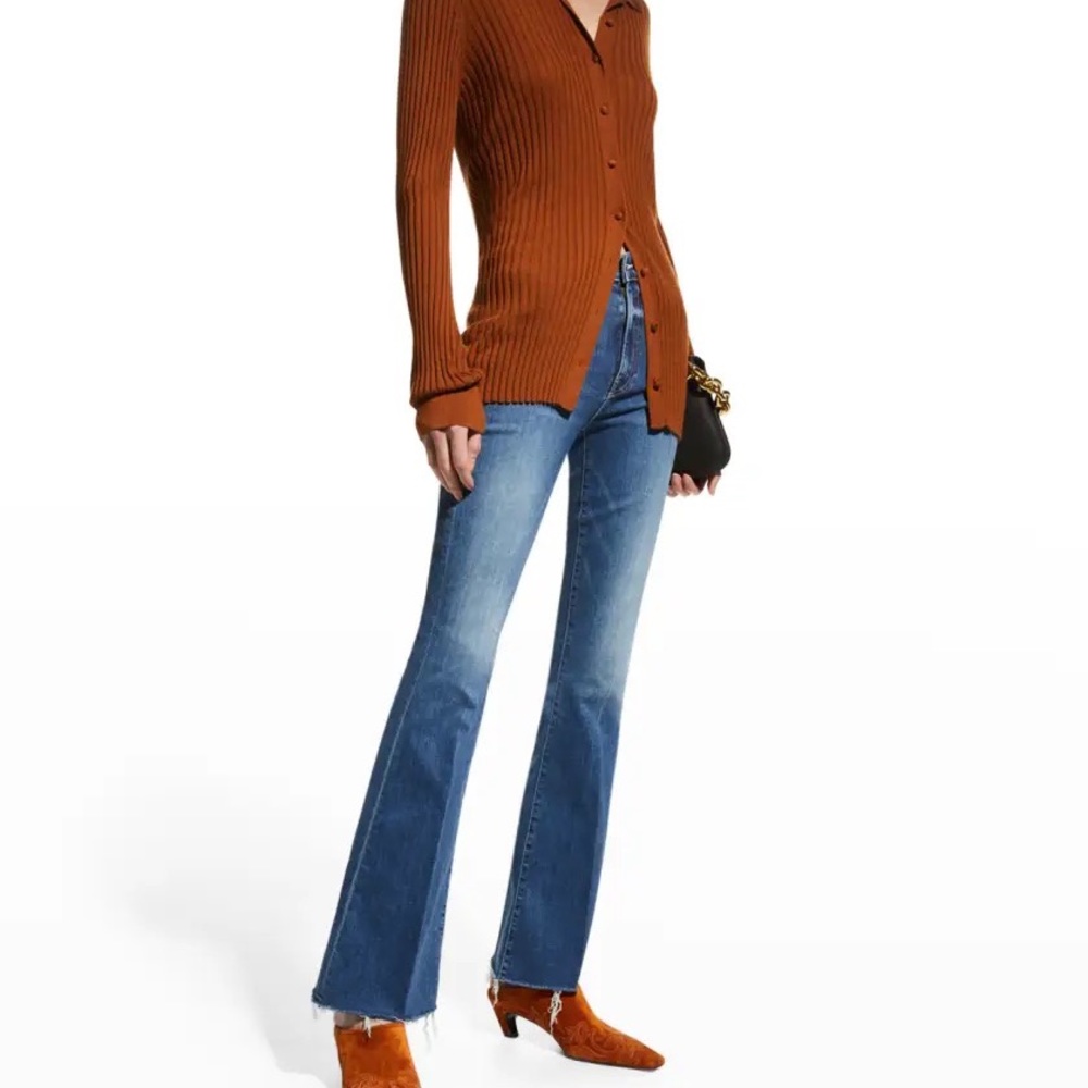 MOTHER Weekender Frayed Flare jeans, walking on coals